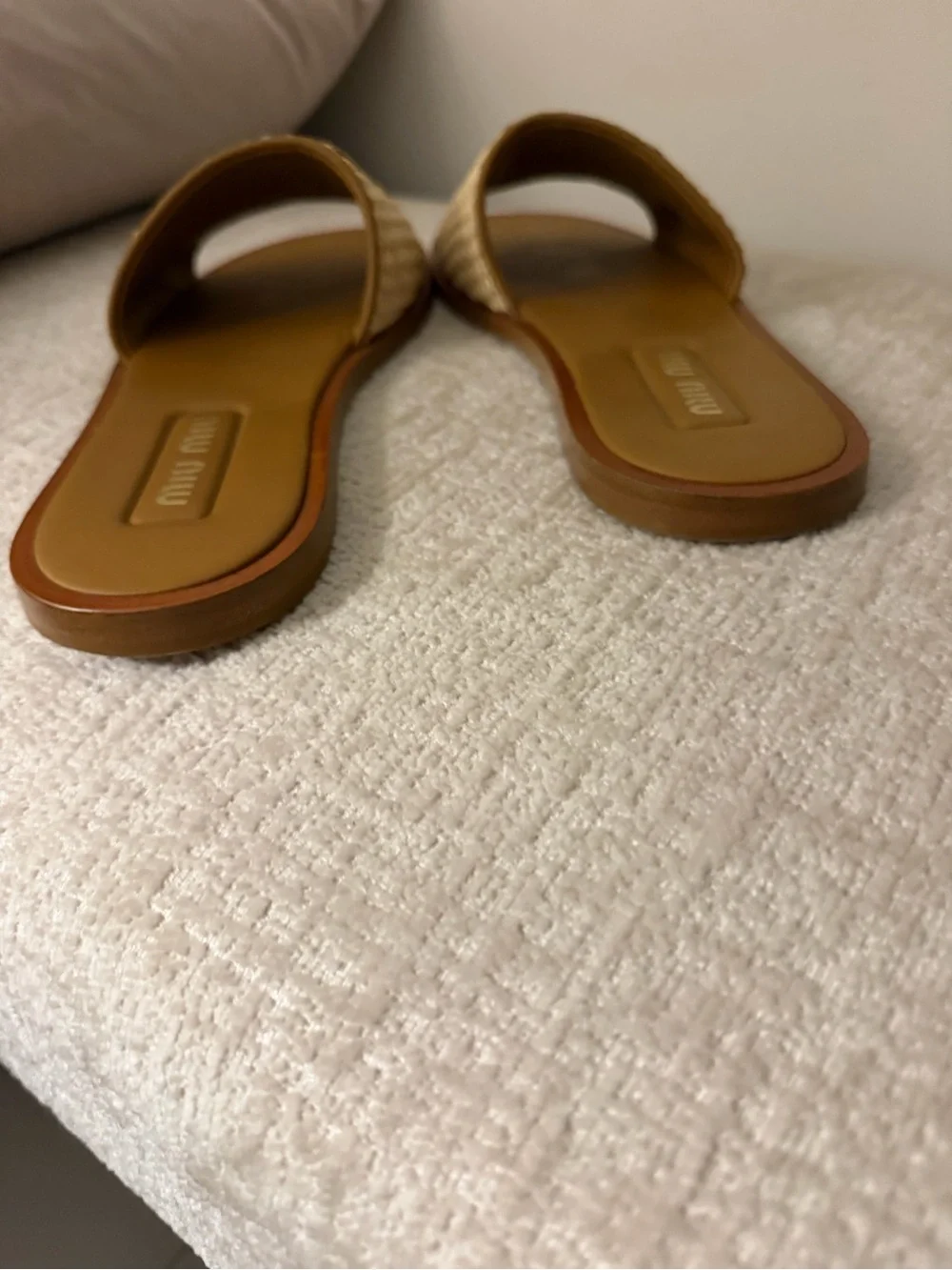 Miu Miu Woven Raffia Logo Slide Sandals in Natural and Tan - Picture 8 of 8